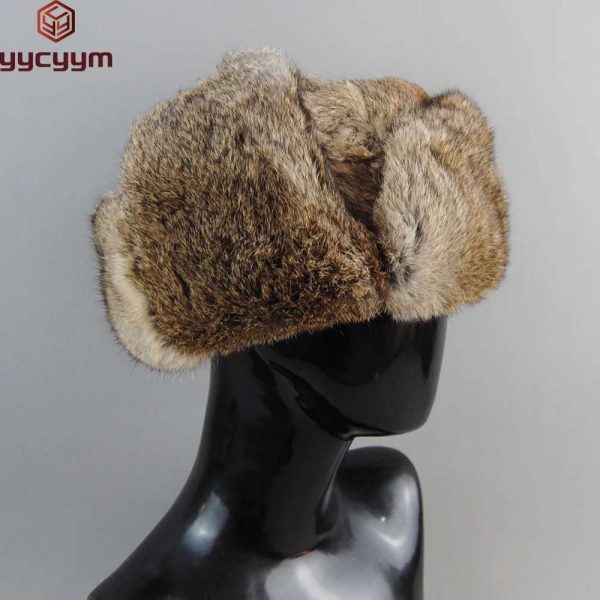 Trapper Hats Rabbit Fur C Man Winter Genuine 100% Fur Bomber Hat Windproof Warm Earmuffs Male Flat Grey/Black Russian Hat Fitted Casquette J240923