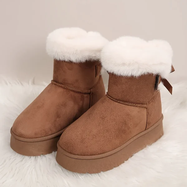 Womens Solid Color Bowknot Decor Snow Boots, Casual Slip On Plush Lined Winter Boots, Comfortable Ankle Boots