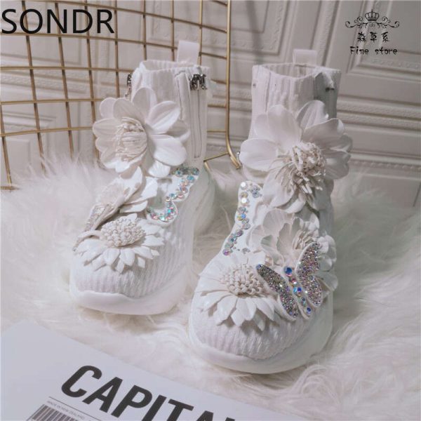 Womens 3D Wers White Platform Rhies Butterfly Decor Sneakers High Top DIY Lolita Sweet Shoes Girls Gift New 2024