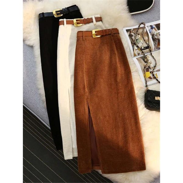 Winter Autumn Corduroy Women's with Belted 2024 New High Waist Straight Classic Front Split Skirts Ladies Female