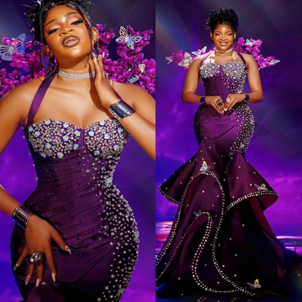 2024 Plus Size Purple Prom Dress Evening Dresses Formal Gowns For Women Mermaid Halter Beaded Rhinestones Crystals Birthday Dress Second Reception Gown AM1634