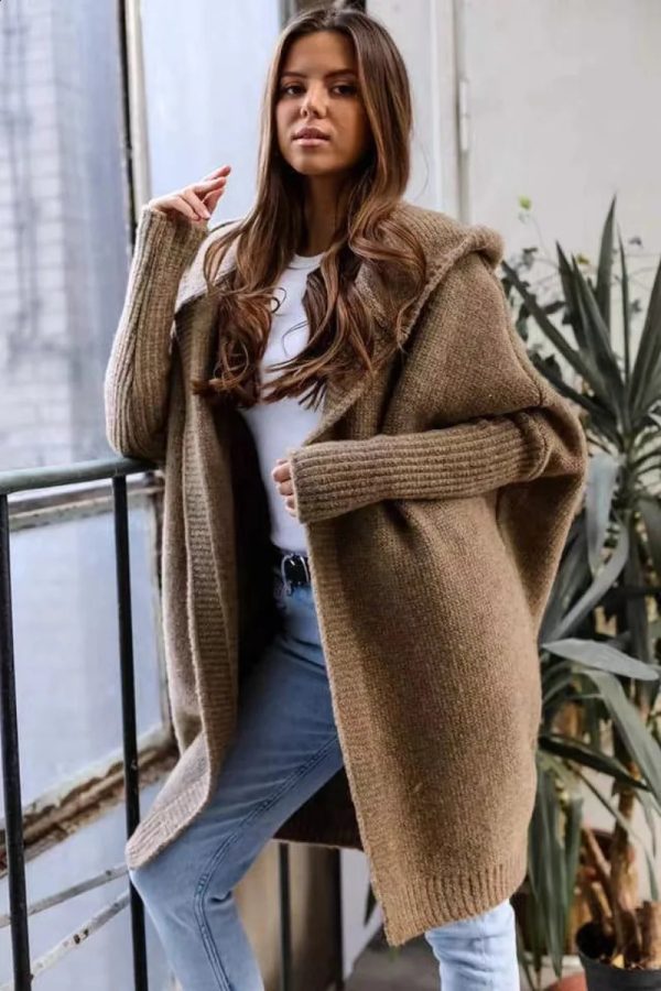 Autumn Winter Cozy Chic Hooded Cardigan Womens Casual Knit Sweater Coat Elegant Batwing Sleeve Pocket Long Jacket Jumpers 240925