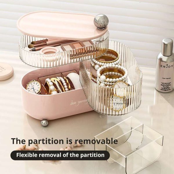 1pc Pink/White Rotating Jewelry Storage 3 Layers Plastic Stand Earrings Ring Box Cosmetics Beauty Organizer