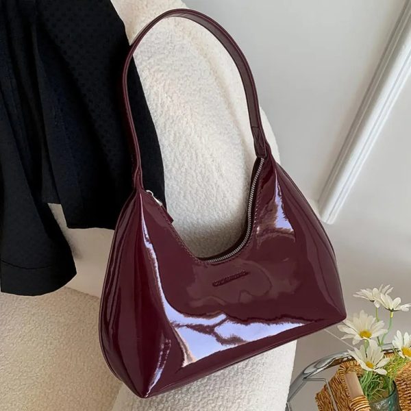 Women's Handbag French Niche Retro Patent Leather TLXT Burgundy Bags Armpit Bag Simple Glossy Crescent Bag Women's Bag New Versatile Shoulder Bag