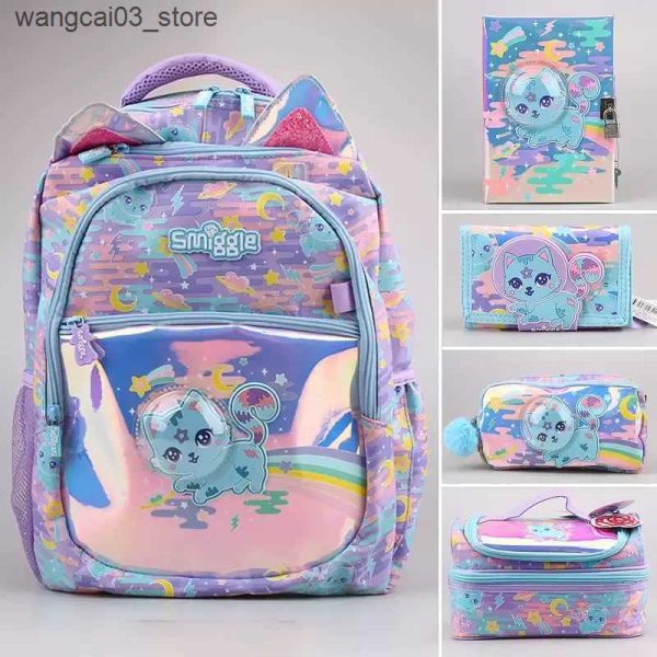 Backpacks 2024 Australian Smiggle Kawaii Blue Space Cat Student Backpack Crossbody Backpack Lunch Bag Pencil Box Card Bag Student Gift L240910