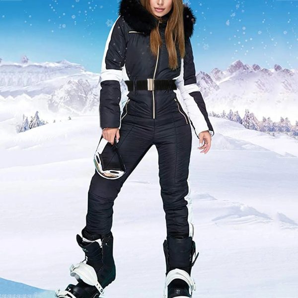 Womens onepiece ski jumpsuit with fur collar outdoor sports zipper jacket cotton bodysuit winter hooded Parka 240926