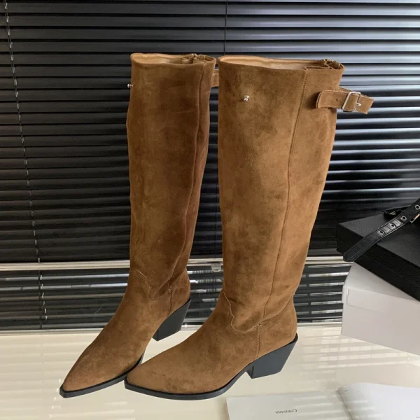 2024 Winter Belt Buckle Pointed Toe Women Knee-High Boots Fashion Vintage Square Low Heels Ladies Shoes