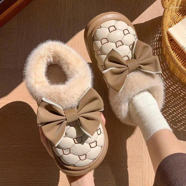 Boots Platform Ankle Female Bowknot Designer Winter Snow Booties Indoor Fluffy Slippers Women House Flats Fashion Footwear Warm