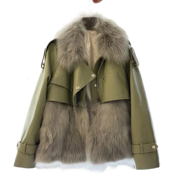 Winter Elegant Women Faux Fur Coat Patchwork Collar Leather Jacket Green Warm Fuzzy Outerwear Short 2024 240924