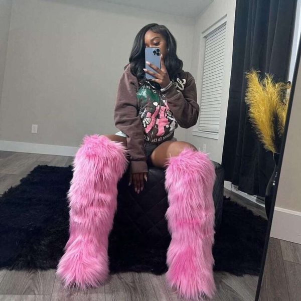 Winter Women Snow Faux Fur Long Warm Plush Platform Knee-high Boot Outdoor Furry Cute Over-the-knee Boots Girls Y2K