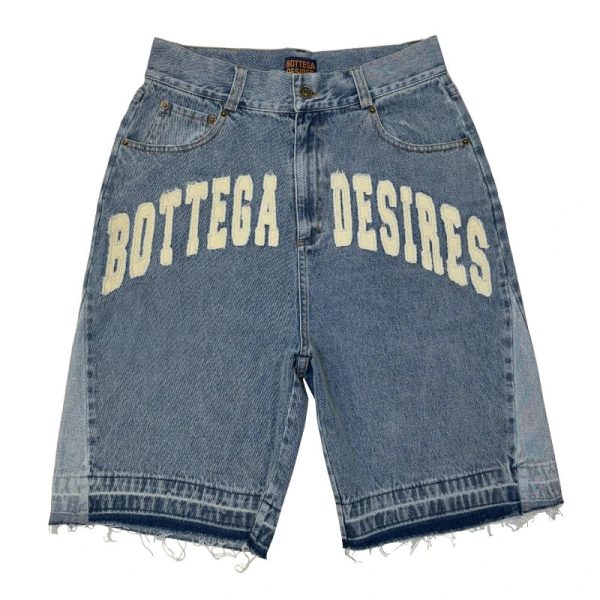 Y2K vintage denim shorts with washed tassel letter embroidery pattern Jorts mens Harajuku hip-hop trend unisex bag shorts 240930