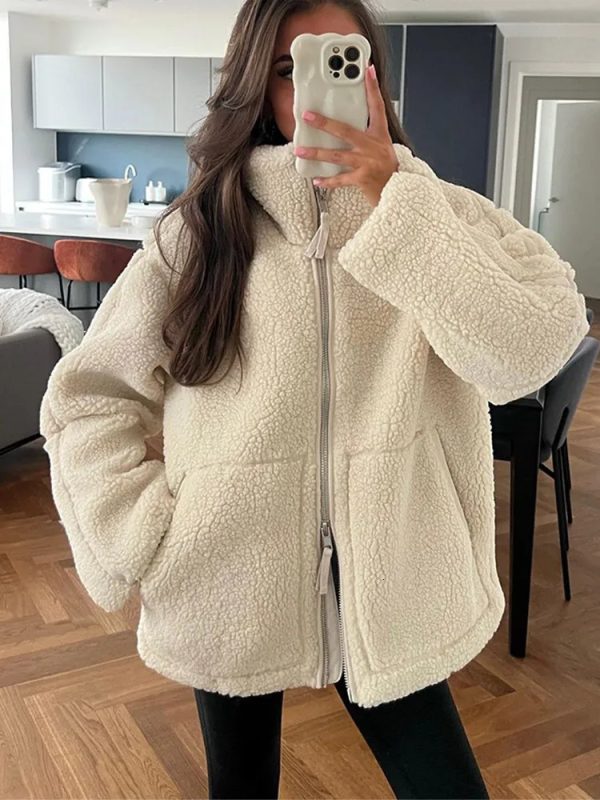 Winter Chic s Cashmere Womens Short Jacket Zipper Long Sleeve Pocket Warm Jacket Fashion Street Womens Clothing 240923