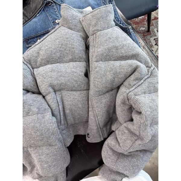 Women Light Grey Parkas Jacket Thicken Warm Long Sleeve Turtleneck Padded Coat Vintage Overcoat Streetwear 2000S Clothes Winter