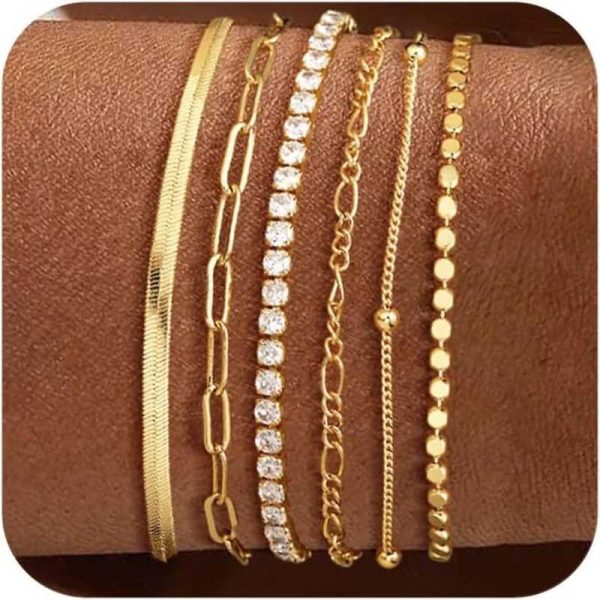 Waterproof gold bracelet set Dainty 14K Real Gold Plated Tennis Beaded Figaro herringbone Paperclip Link bracelet W241004