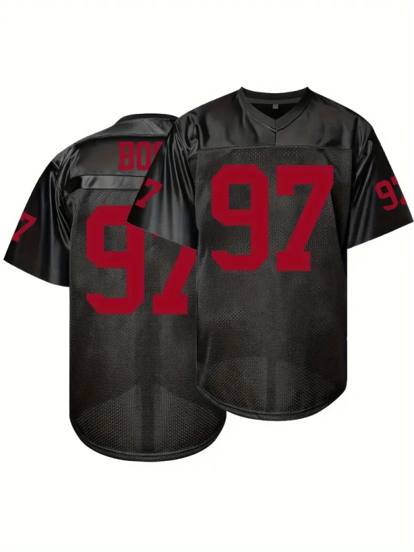 #97 Nick Bosa Comfy V-Neck Football Jersey Black Mesh Embroidery for Training and Competition Breathable Moisture-Wicking Short Sleeve Top for Active jersey