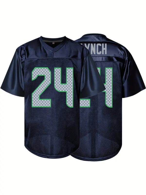 #24 Marshawn Lynch Comfy V-Neck Football Jersey Navy Blue Mesh Embroidery for Training and Competition Breathable Moisture-Wicking American Football Shirt