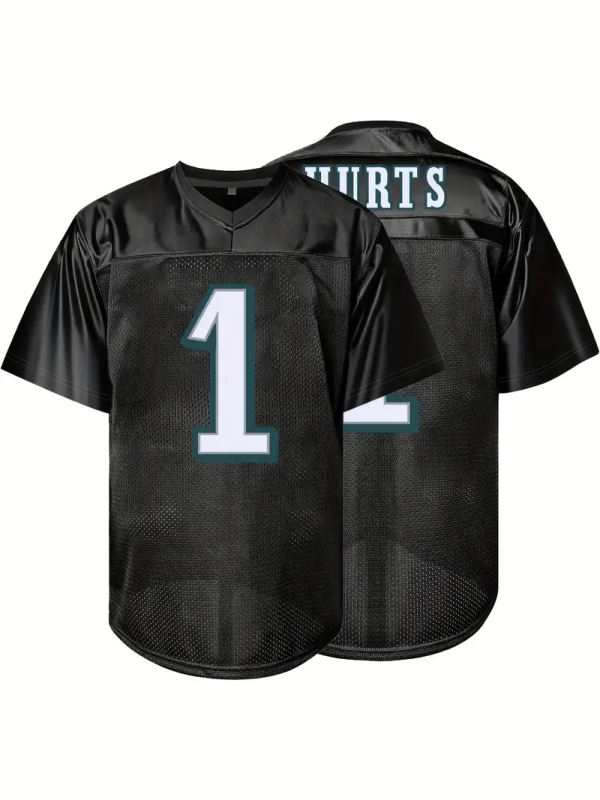 #1 Jalen Hurts Comfy V-Neck Football Jersey Black Mesh Embroidery for Training and Competition Breathable Moisture-Wicking American Football Shirt