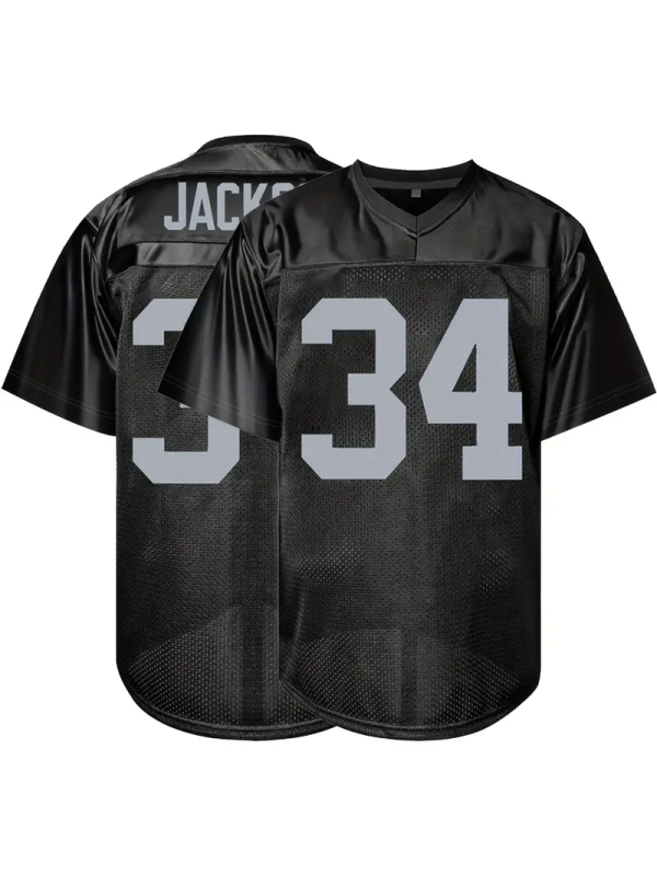 #34 Bo Jackson Comfy V-Neck Football Jersey Black Mesh Embroidery for Training and Competition Breathable Moisture-Wicking American Football Shirt