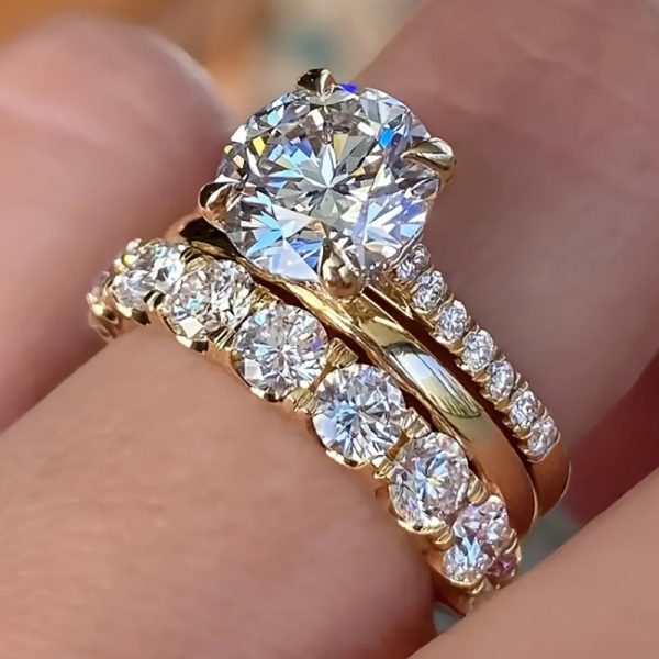 3PCS Wedding Rings Elegant Vintage Jewelry 10KT Gold Fill Round Cut White Cubic Zircon CZ Diamond Gemstones Party Eternity Women Bridal Ring Set Gift