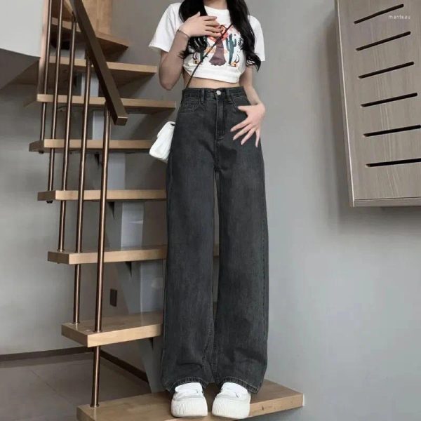 Women's Jeans Autumn Winter Women Vintage Loose High Waisted Denim Wide Leg Pants Female Black Blue Gray Casual Straight Trousers 2024