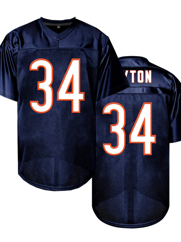 #34 Walter Payton Comfy V-Neck Football Jersey Navy Blue Mesh Embroidery for Training and Competition Breathable Moisture-Wicking American Football Shirt