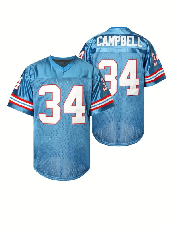 #34 Earl Campbell Comfy V-Neck Football Jersey Light Blue Mesh Embroidery for Training and Competition Breathable Moisture-Wicking American Football Shirt