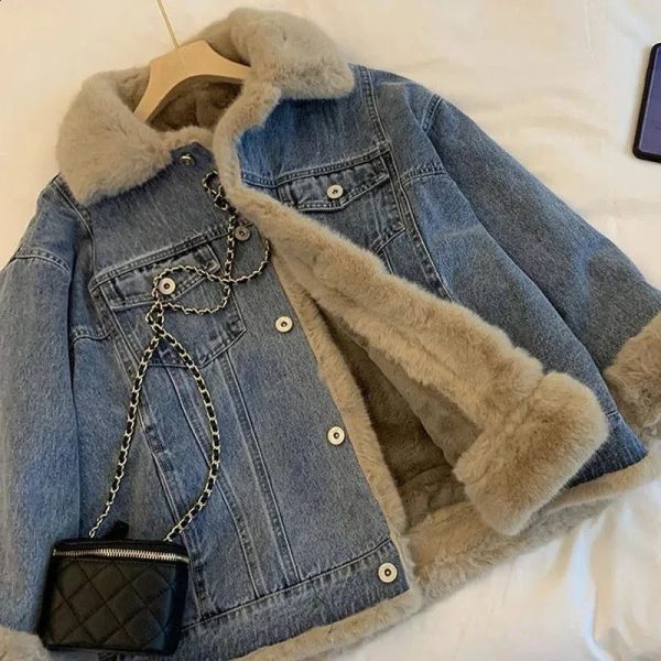 2024 Fur Collar Short Jacket Liner Denim Women Winter Loose Thick Warm Jeans Jackets Parka Female Outerwear 241008