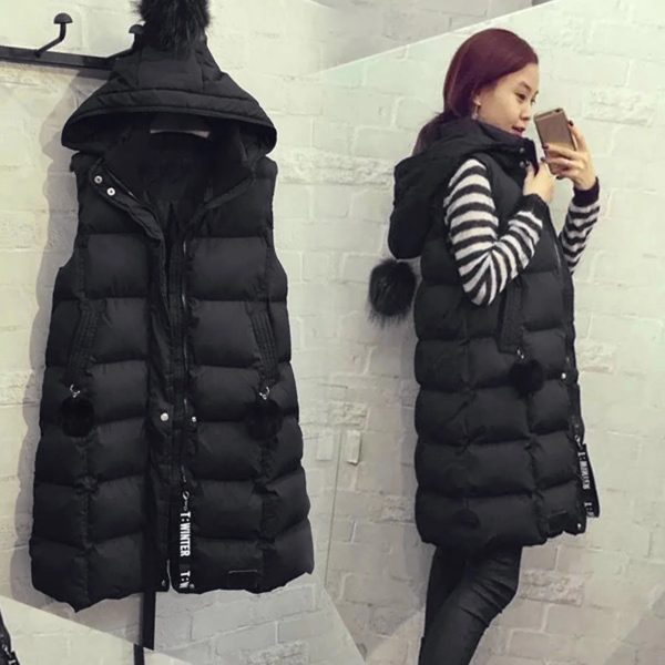 Autumn Winter Women Black Hooded Long Parkas Vest Fashion Warm Black Hooded Down Coat Parka Ladies Sleeveless Waistcoats 241008