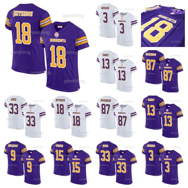 2024 Mens/Youth/Women Custom Football Stitched Jerseys 9 J.J. McCathy 33 Aaron 18 Justin 87 T.J. 3 C.J. Ham Darrisaw Smith Sam Darnold Embroidery Football Jerseys