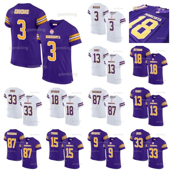 18 Justin Football Stitched Jerseys 9 J.J. McCathy 33 Aaron 87 T.J. 3 C.J. Ham Darrisaw Smith Sam Darnold Vekings Embroidery Football Jerseys