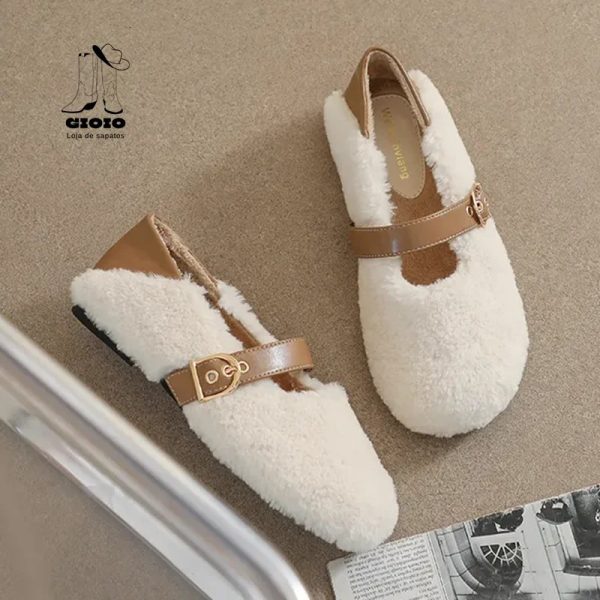 Womens fluffy shoes metal buckle comfortable apartment cotton mocasin curly sheep fur Mary Jane rubber sneakers solid shoes 241007