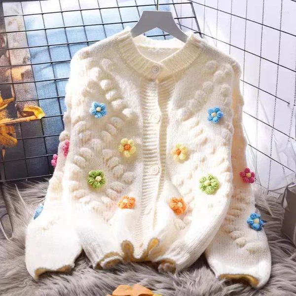 Women's Knits In Korean Fashion 3d Flower Cardigan Women 2024 Sweet Sweater Jacket Female Single Breasted Casual Knitted Tops Coat