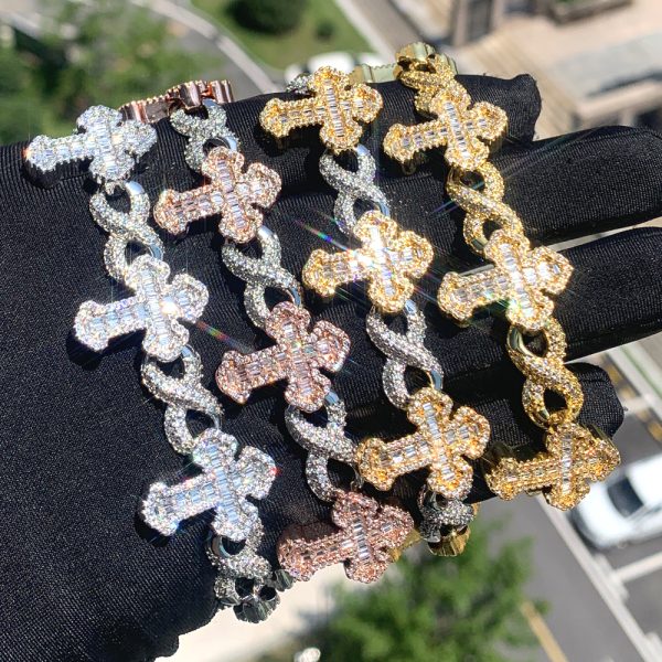 2024 New Arrived High Quality Two-Tone Hip Hop Men Jewelry Micro Pave 5A CZ Iced Out Bling Infinity Cross Charm Cuban Bracelet