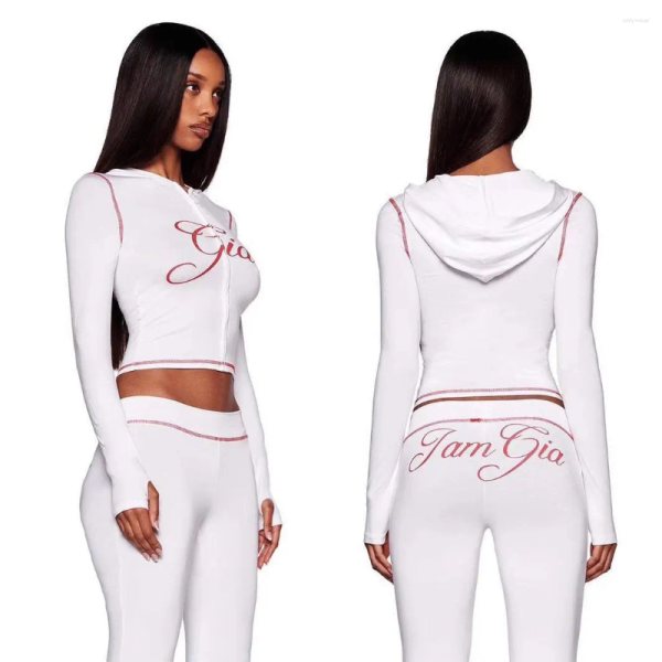 Women's Two Piece Pants IAMGIA Set Letter Logo Elastic Thin Print Slim Fit Hoodie Short Jacket Top Long Training Fitness Suit