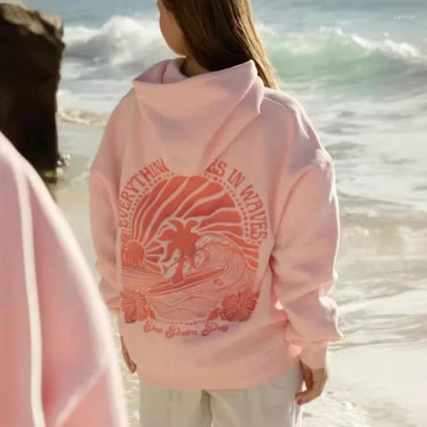 Women's Sweaters C Sunset Hoodies Women 2024 European American Version Off Shoulder Sleeve Threaded Beach Hooded Print Oversized Pullover