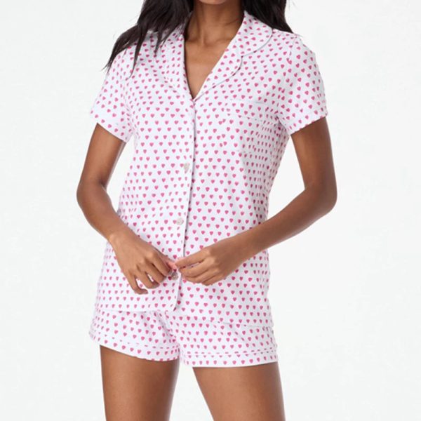 Women 2 Piece Pajama Set Heart Print Short Sleeve Button Up Blouse Tshirt Top Shorts Sleepwear Loungewear for Valentines Day 240601