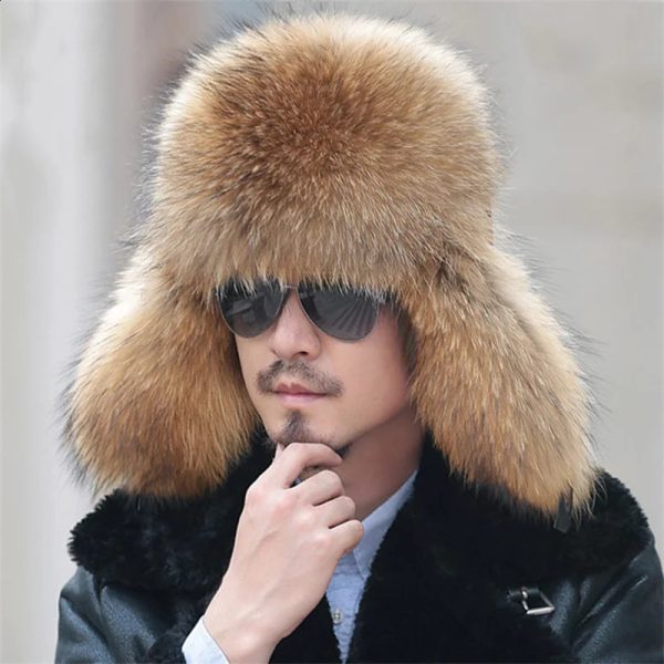 2024 Winter 100% Real sliver Fox Fur Bomber Raccoon Fur Hat Ushaka Russian Trapper Cap Man Ski Hats Mens Caps Raccoon Fur Caps 241014