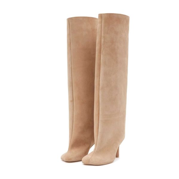 Womens Nude Suede Knee High Square Toe Wide Calnd Foot Pull On Stiletto Heels Fashion Dress Tall Riding Boots Ladies