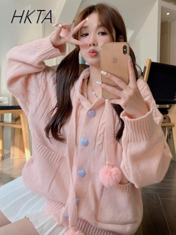 Women's Knits Japanese Kawaii Girl Sweet Cute Hooded Sweater Jacket Cardigan Women Loose Soft Knitted Coat Top Autumn And Winter Sweaters