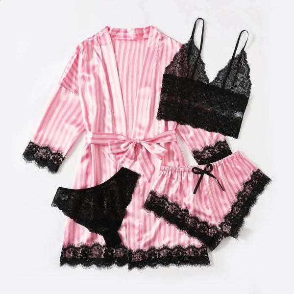 Woman Sleepwear 4pcs Floral Lace Trim Satin Pajamas Set with Robe Sexy Faux Silk Pijamas Robe Sets Casual Home Clothes Nightwear 240730