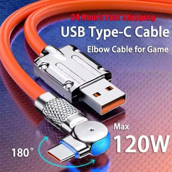 120W 7A Fast Charge Type 180 Degree Rotation Elbow Game for Xiaomi Redmi Honor Phone Charger USB C Cable