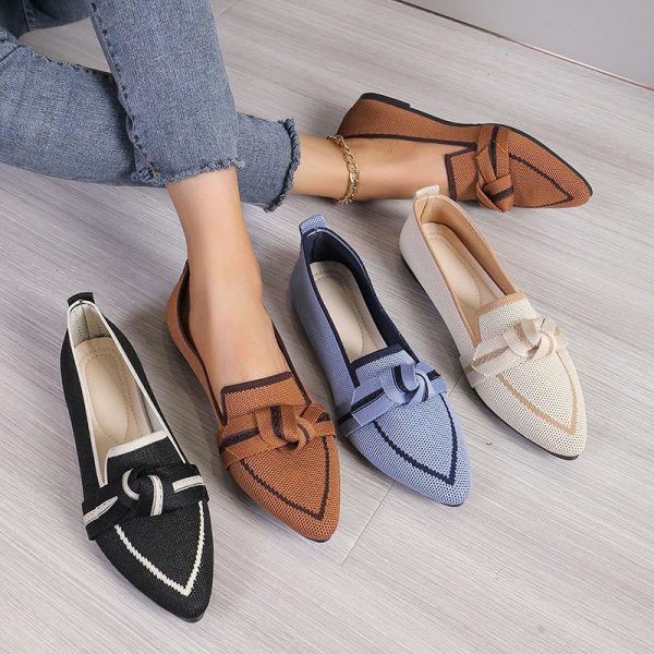 Bowknot Decor Breathable Knitted Loafers Women 2024 Autumn Soft Bottom Pointed Toe Ballet Flats Woman Slip On Solid Casual Shoes 241016