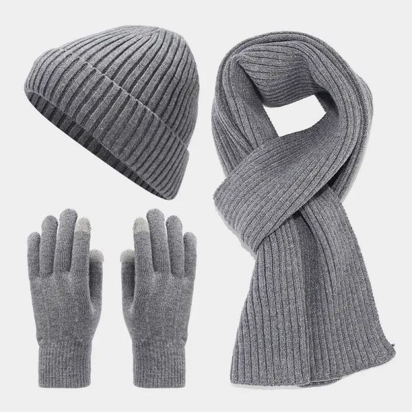 Unisex Black Hat Scarf Gloves 3pcs Set for Men Outdoor Warmer Scarf Hat Winter Womens Plush Beanie Cap Touch Screen Gloves Set 241016