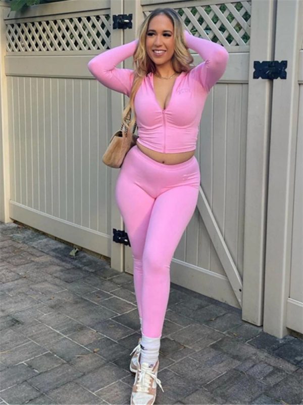 WLWXR Spring Black Casual 2 Two Piece Sets Vacation For Women Zipper Up Long Sleeve Hoodies And Pants Sets Pink Sweatsuits 241017