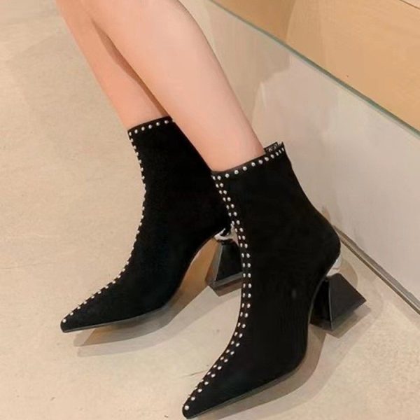 Women Fashion Boots Pointed Toe Martin Boots High Heel Chunky Heel Design Sense Triple Black Free shipping