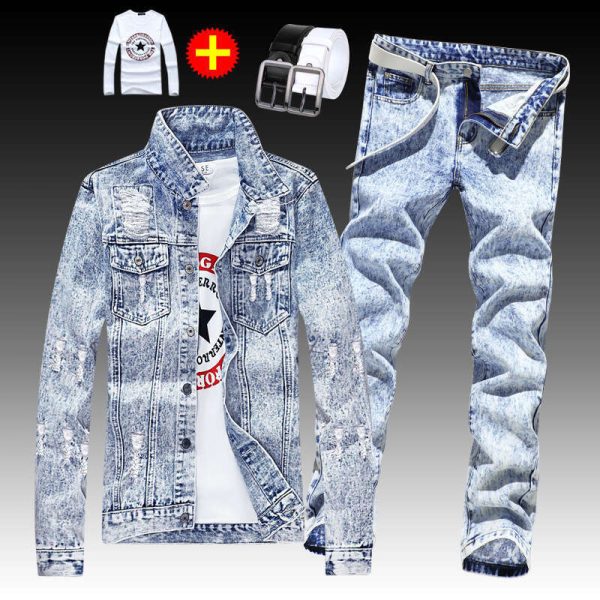 4 Pcs Set Hip Hop New Spring Autumn Men's Denim Jacket Holes Single Breasted Coat Jeans Pants with Shirt & Belt