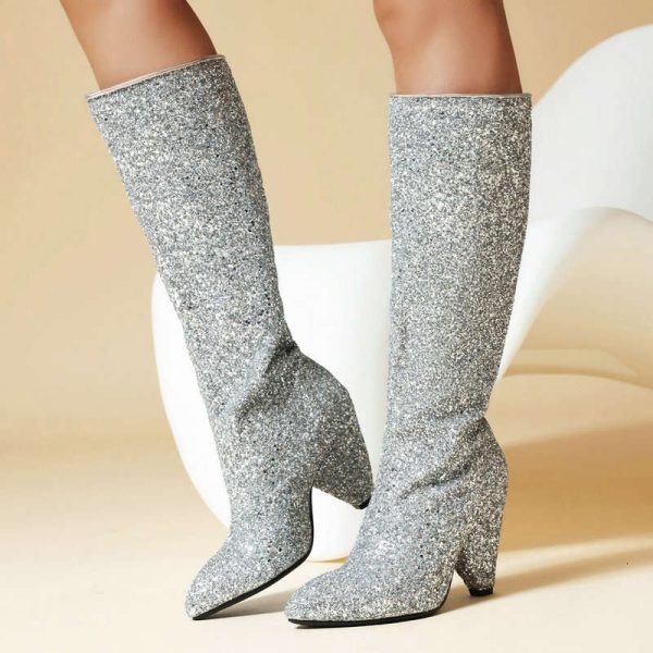 Women's heeled with Glitter metallic sequins, tapered thick super high heel, sleeve over knee, long boots, pants tube boots