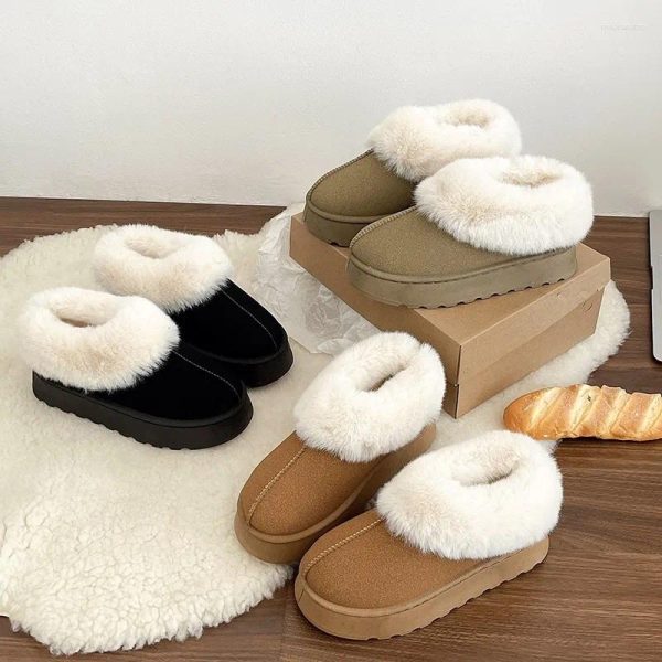 Boots Women's Round Flat Shoes For Women Slip-on Platform Short Plush Ankle Woman Snow Outdoor Anti-slip Keep Warm