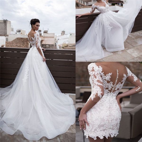 2 In 1 Short Sheath Lace Wedding Dresses With Detachable Skirt Appliques 3/4 Long Sleeves Garden Beach Bridal Gown 2025