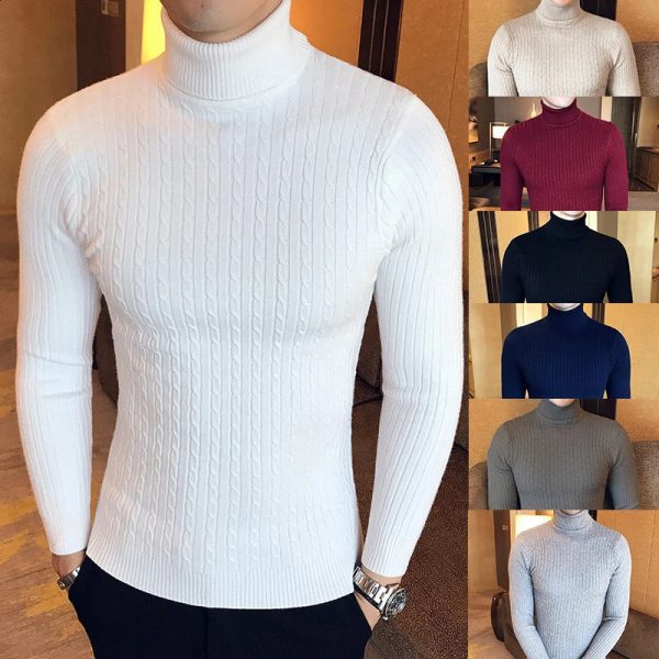 Winter High Neck Thick Warm Sweater Men Turtleneck Mens Sweaters Slim Fit Pullover Knitwear Male Double Collar 241017